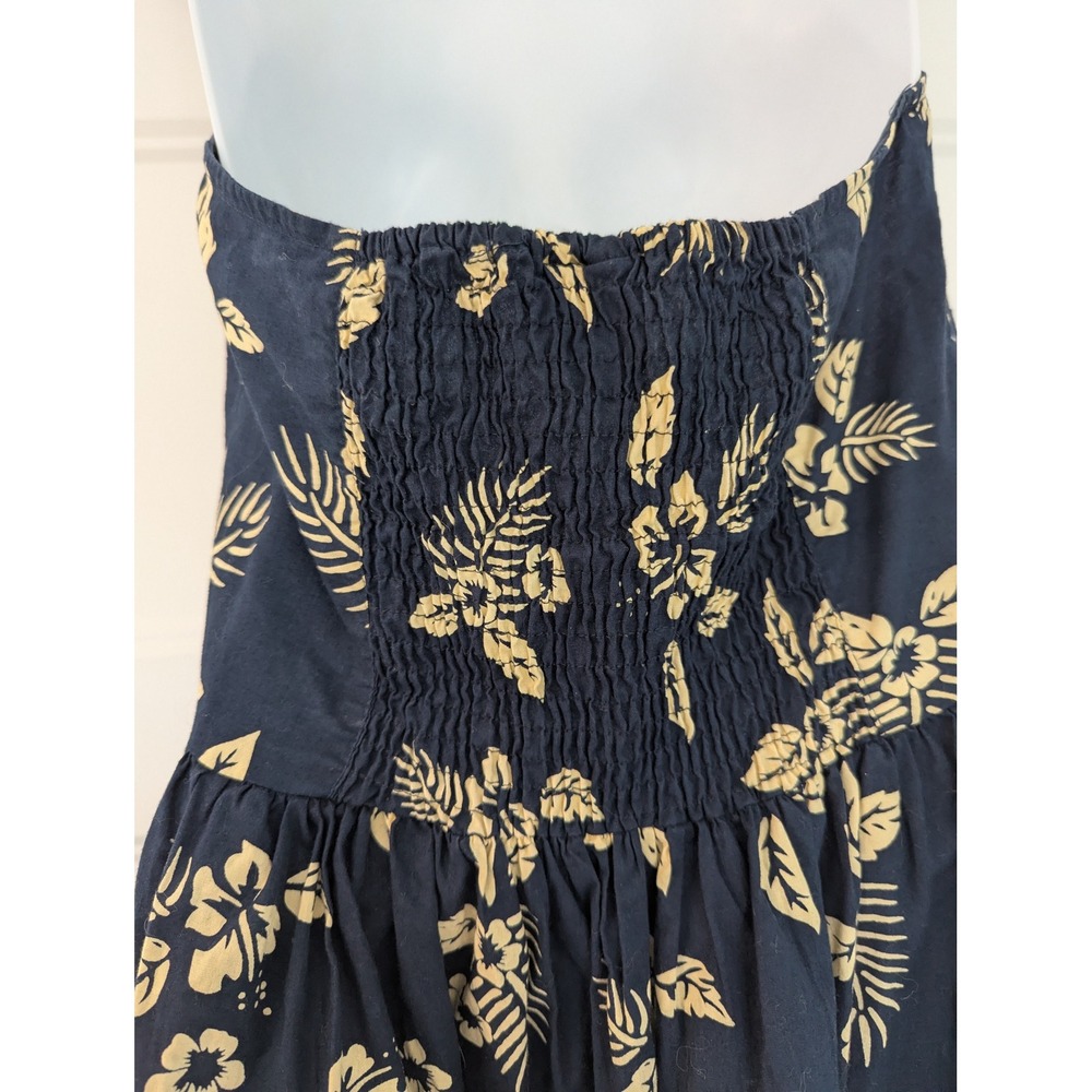 Navy Blue Tropical Hibiscus Floral Cotton Halter Midi Dress Large - Picture 4 of 10
